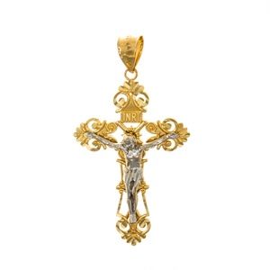 14k Two-tone Gold Fancy Crucifix Cross Religious Necklace Charm Pendant